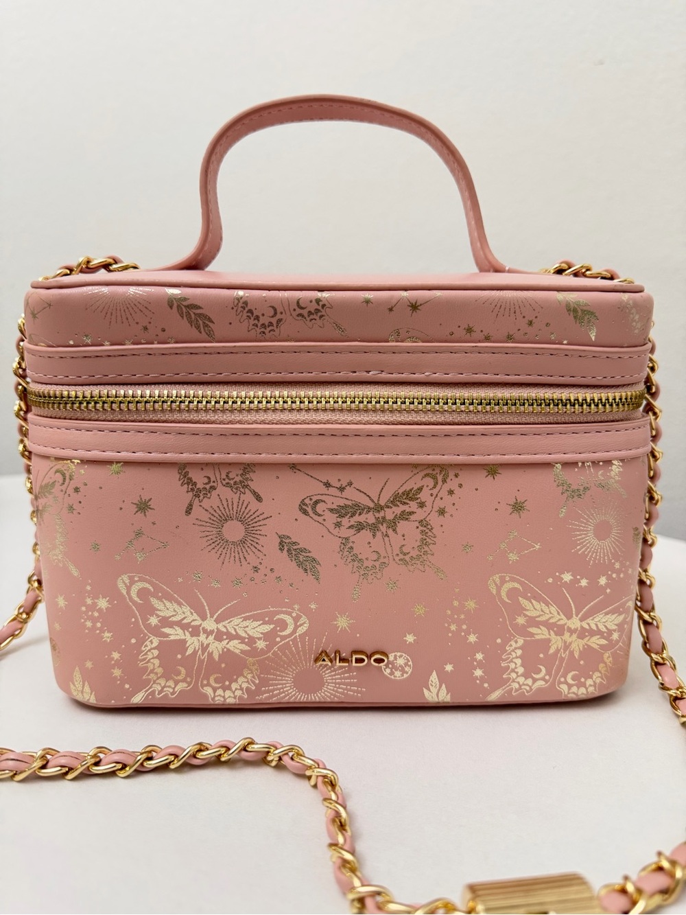 Aldo Pink Butterfly Print Top-Handle Crossbody Bag with Gold Accents